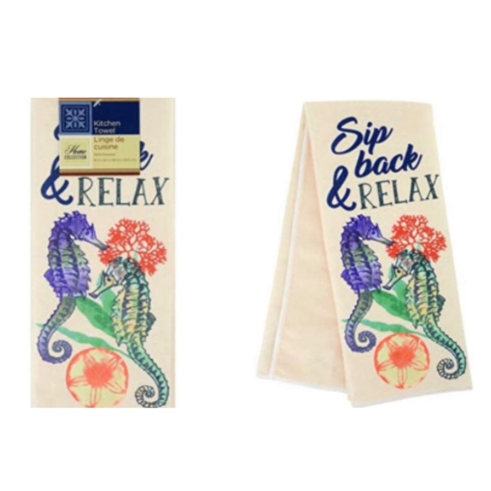 Kitchen Towel - “Sip Back & Relax” Seahorse Coastal Sentiment, Set of 2